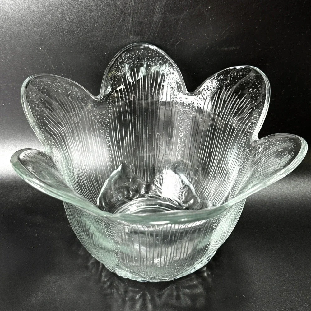 Vintage Clear Art Glass Scalloped Tulip Bowl Textured Bubble Petal Candle Candy